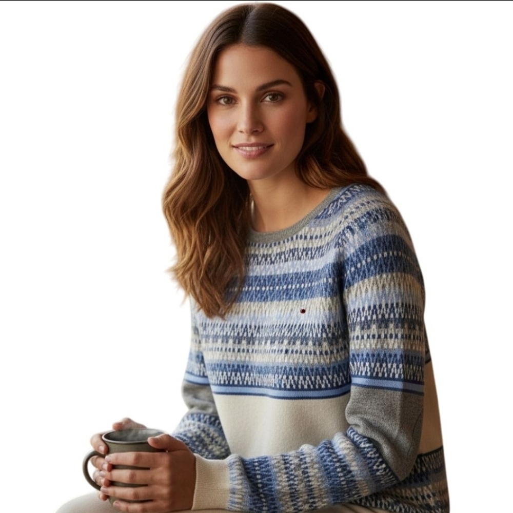 Tommy Hilfiger Vintage Lambswool Fairisle Nordic Sweater Blue Gray Cream Size L